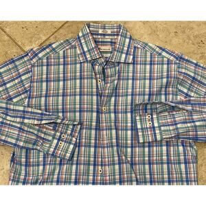 PETER MILLAR Plaid Long Sleeve Shirt Small S Blue Cotton Sports Crown $160 EUC